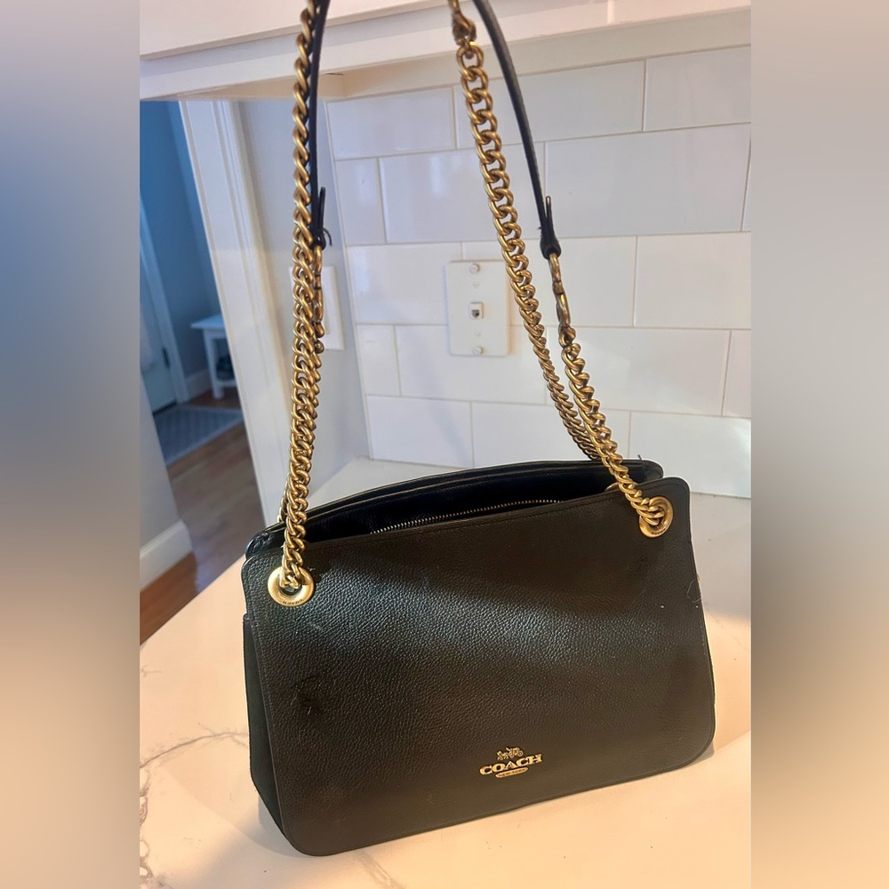 Coach black leather classic shoulder bag, chain and leather strap, gently used - Picture 2 of 8